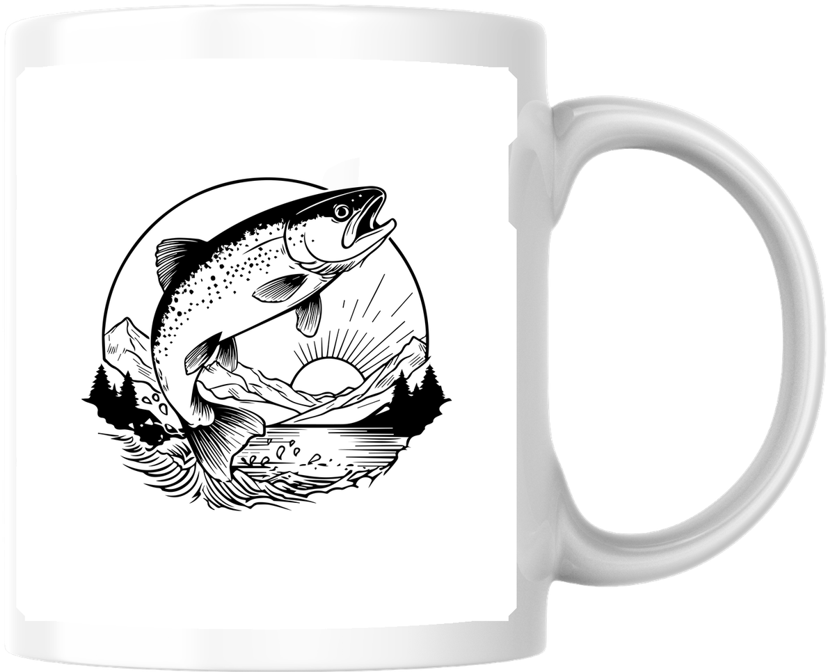 Leaping Trout Mug | Mountain Sunrise Fly Fishing Coffee Mug | Angler Fisherman Gift