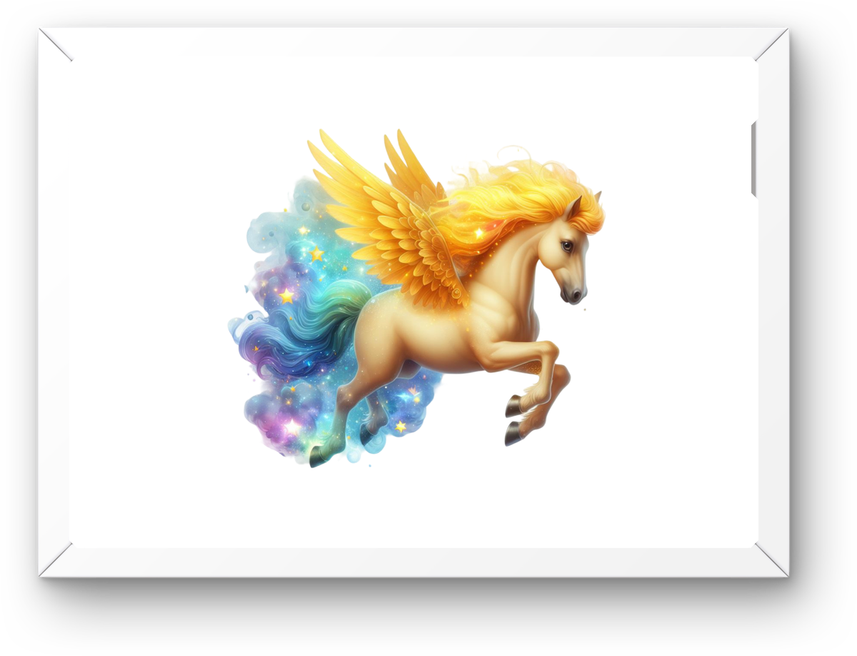 Golden Pegasus Wall Art | Magical Winged Horse Fantasy Print | Kids Room Dreamy Gift