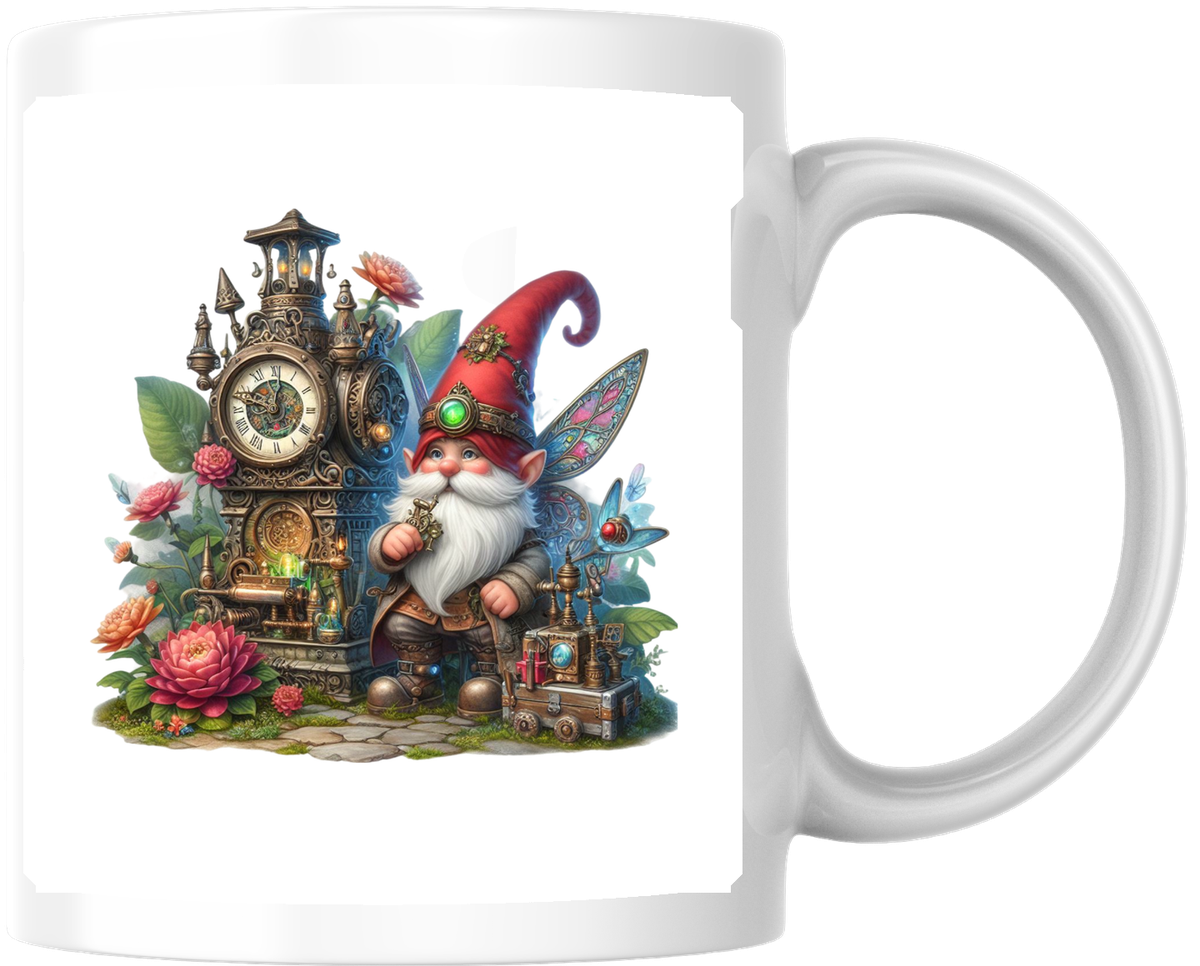 Gnome With Clock Mug | Whimsical Floral Steampunk Gnome Coffee Mug | Cozy Home Gift